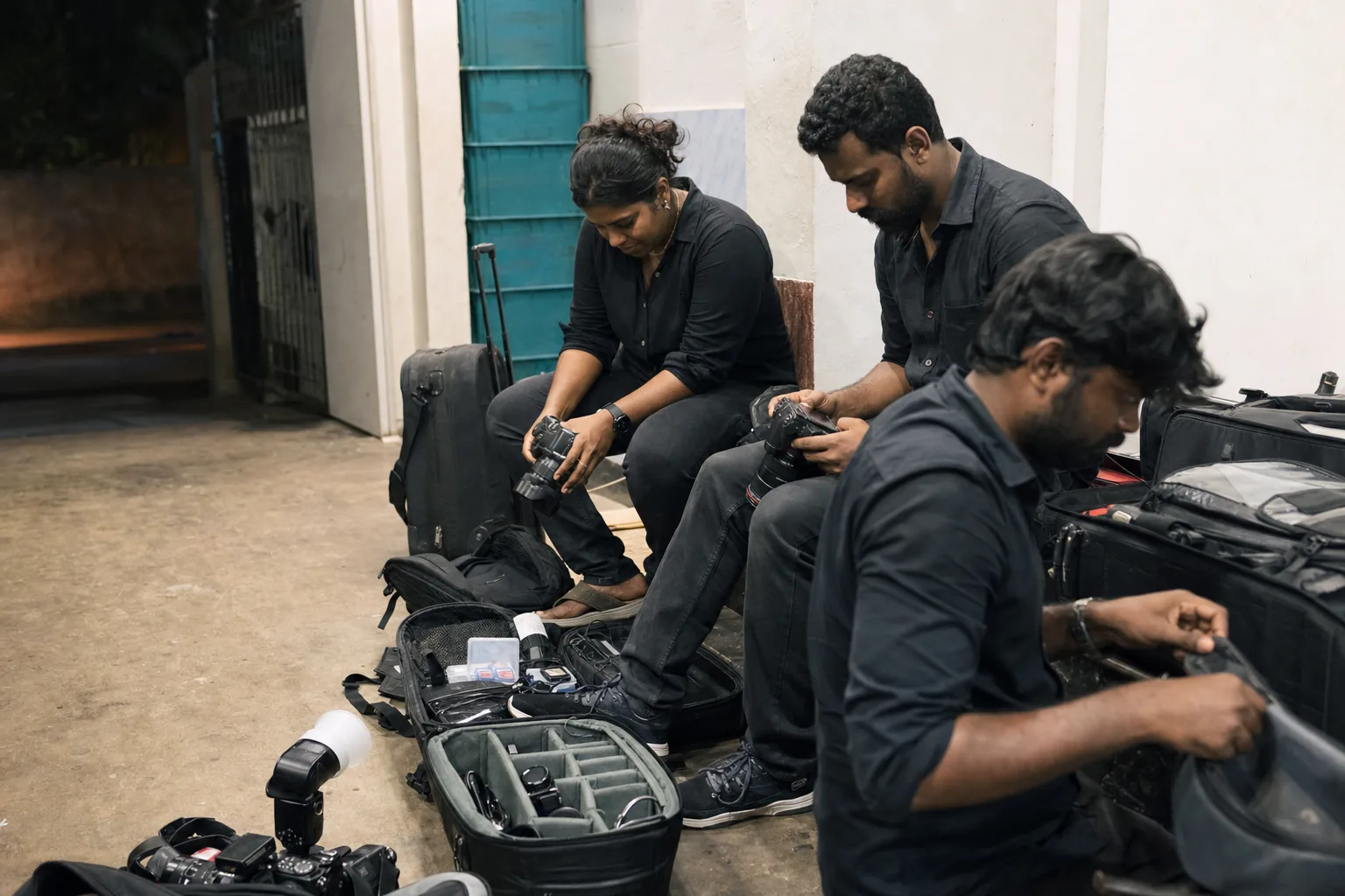 Three event photographers organising camera equipment after a shoot